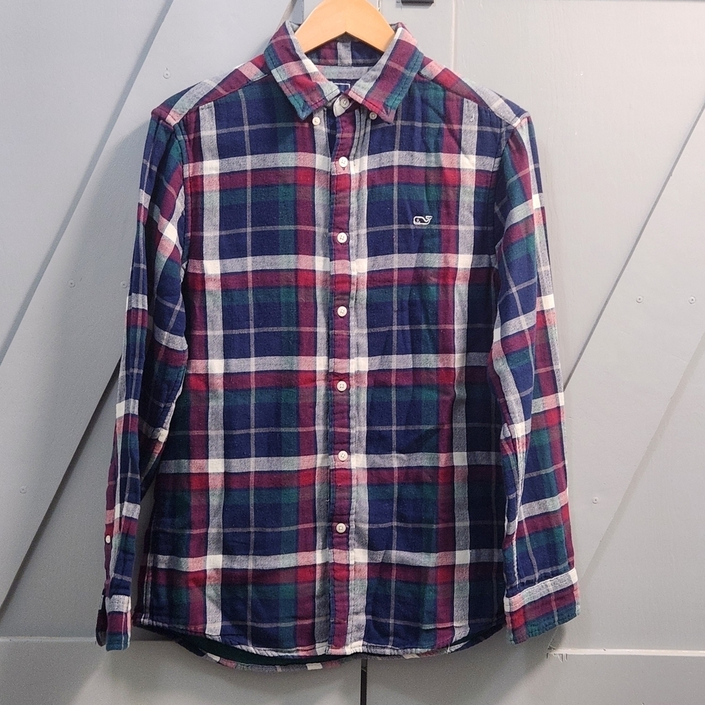 Vineyard Vines Men's Classic Fit Flannel Whale Shirt Small Green & Blue Plaid